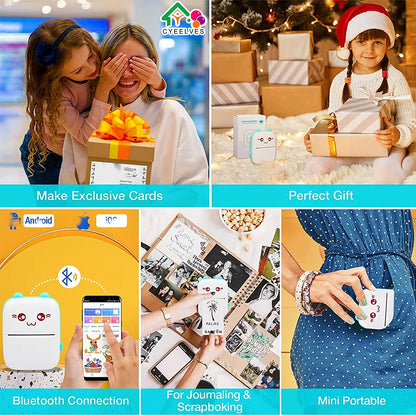 Portable Printer, Mini Pocket Wireless Bluetooth Thermal Printers with 6 Rolls Printing Paper for Android Ios Smartphone, BT Inkless Printing Gift for Label Receipt Photo Notes Study Home Office