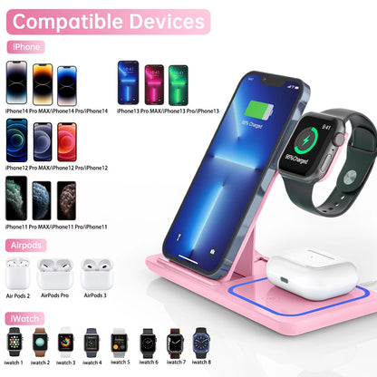 Wireless Charger, 18W 3 in 1 Wireless Charging Station for Iphone 17 16E 15 14 13 12 Pro, Fast Charger Stand for Iwatch SE 9-11 6-8 2-5, Airpods 4/3/2/Pro, Samsung Galaxy Seires (Pink)